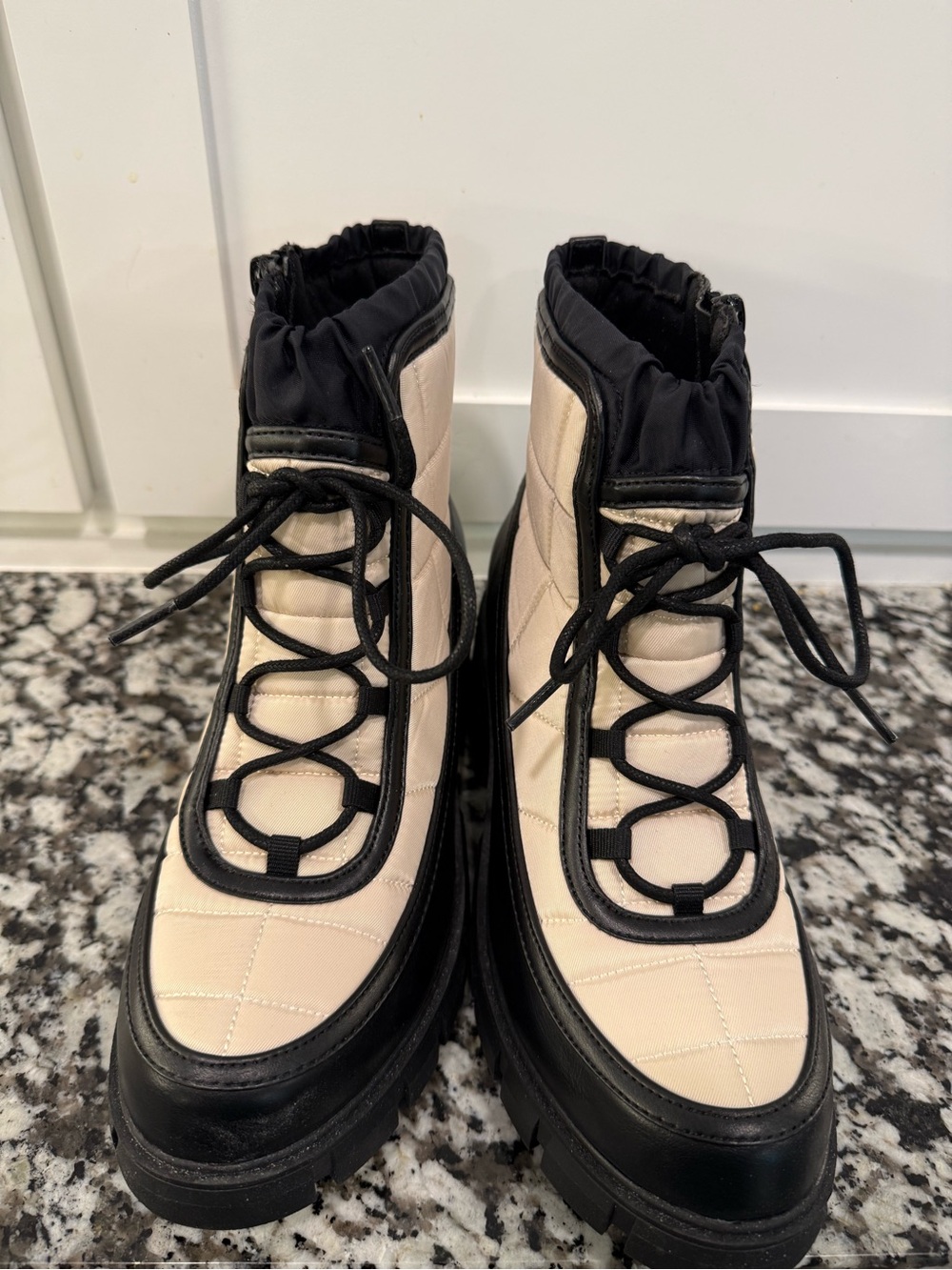 Quilted Cream and Black Lace-Up Ankle Snow Boots by Scoop